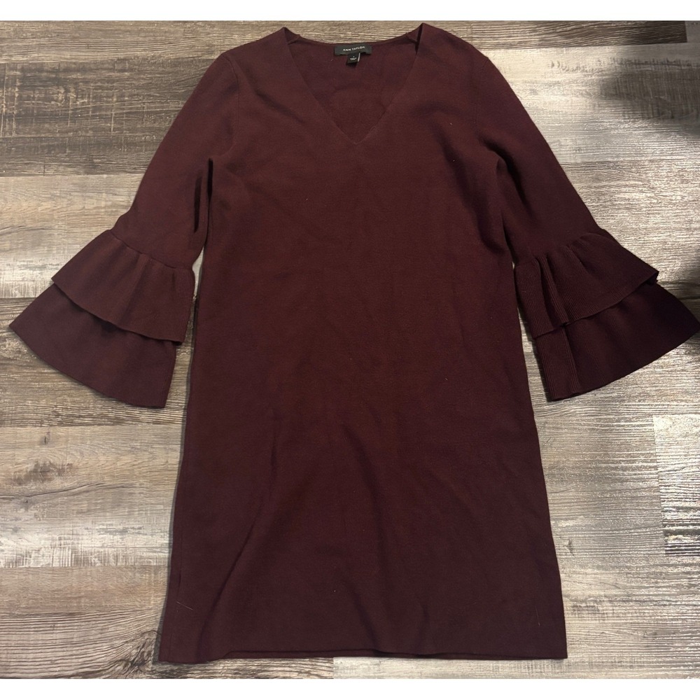 Ann Taylor Burgundy V-Neck Tiered Ruffle Bell Sleeve Sweater Dress Small